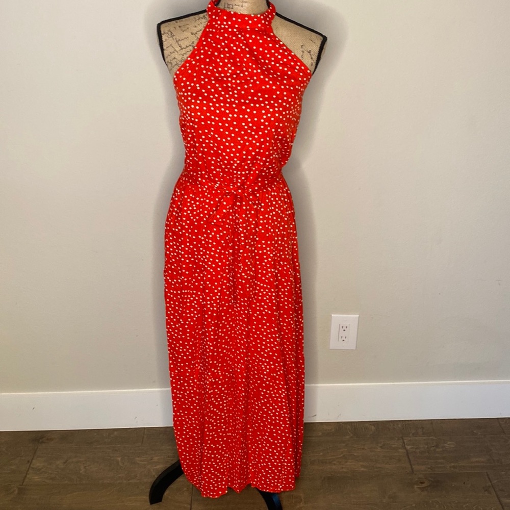 Red polka dot halter maxi dress